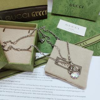 Gucci GG Crystal Heart Drop Silver Necklace