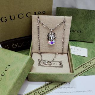 Gucci GG Crystal Heart Drop Silver Necklace
