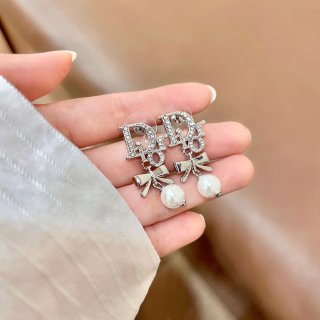 Dior Evelyne Crystal Letter Pearl Bow Stud Earrings
