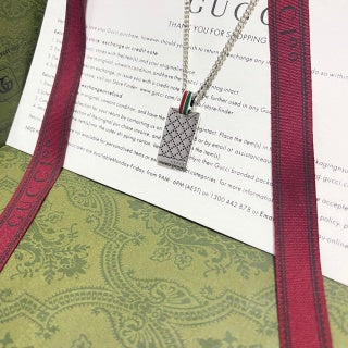 Gucci GG Web Stripe Plaque Silver Chain Necklace