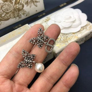 Dior Butterfly Pearl CD Crystal Stud Earrings