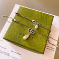 Gucci GG Pearl Drop Layered Silver Chain Necklace
