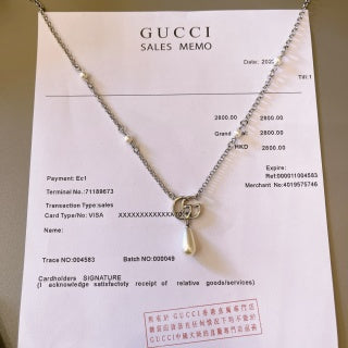 Gucci GG Pearl Drop Layered Silver Chain Necklace