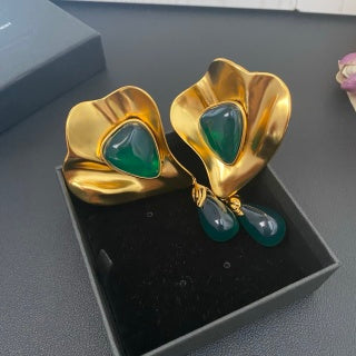 YSL Emerald Petal Gold Frame Clip-On Earrings