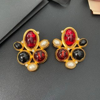 YSL Ruby Onyx Floral Medallion Clip-On Earrings