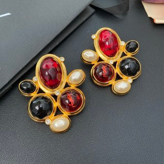 YSL Ruby Onyx Floral Medallion Clip-On Earrings