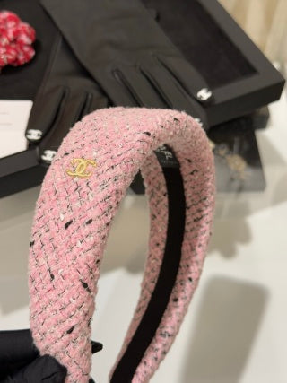 Chanel Tweed Gold Accent Headband – Black & Pink Elegant Luxury Fashion Accessory