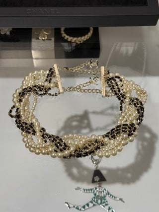Chanel Black Lambskin and Pearl Choker