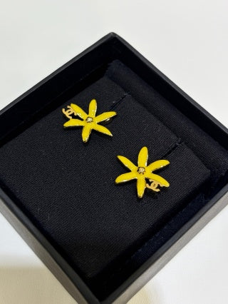 Chanel Gold and Yellow Enamel Flower Stud Earrings