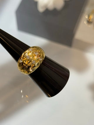CHANEL Quilted Diamond Pattern Gold Statement Ring