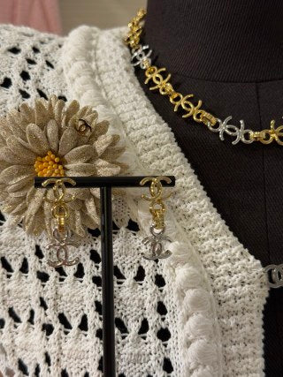 CHANEL Layered CC Link Statement Stud Earrings