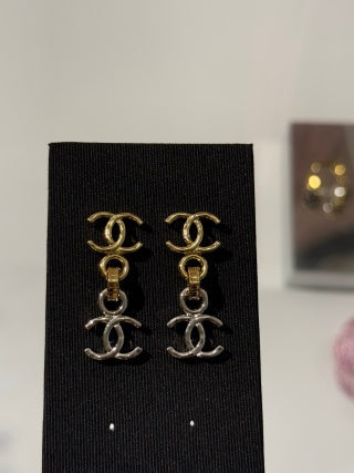 CHANEL Layered CC Link Statement Stud Earrings