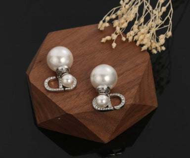 Dior Pearl CD Crystal Double Drop Stud Earrings