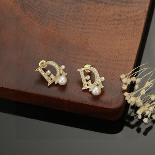 Dior CD Pearl Crystal Medallion Stud Earrings