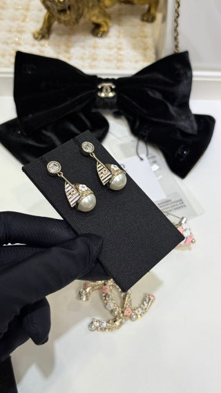 CHANEL Pearl Ribbon Drop Stud Earrings