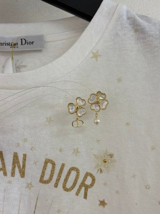 Dior Clover Pearl CD Charm Stud Earrings