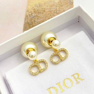 Dior Pearl CD Crystal Double Drop Stud Earrings