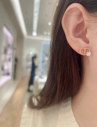 Dior Clover CD Pearl Charm Stud Earrings