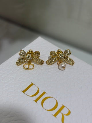 Dior Crystal Butterfly Pearl CD Stud Earrings