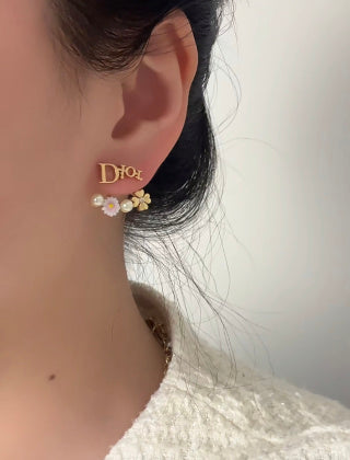 Dior Daisy Pearl CD Drop Stud Earrings