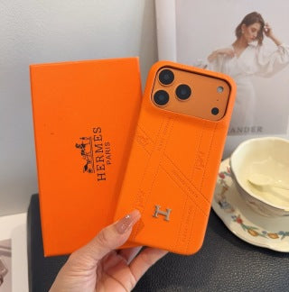 Hermès Orange Leather H Detail Phone Case