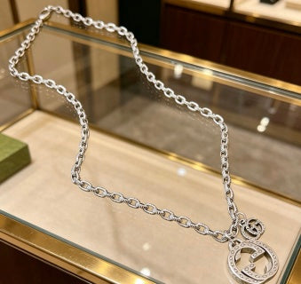 Gucci Interlocking G Crystal Medallion Link Chain Necklace