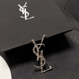 YSL Crystal Monogram Silver Brooch