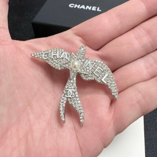 CHANEL Silver Swallow Wing Embellished Brooch