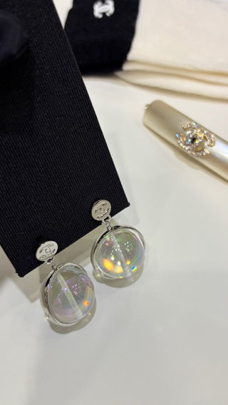 Chanel Silver Double-C Button Transparent Acrylic Sphere Earrings