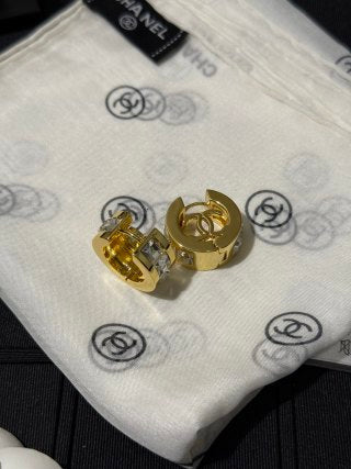 Chanel Gold Hoop Earrings with White Square Crystals