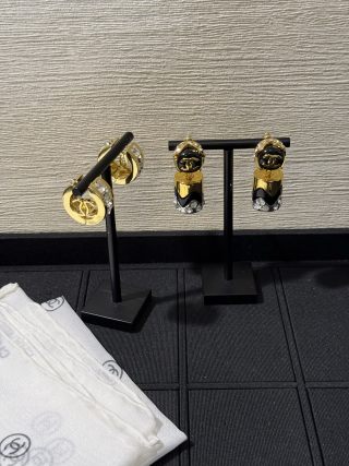 Chanel Gold Hoop Earrings with White Square Crystals