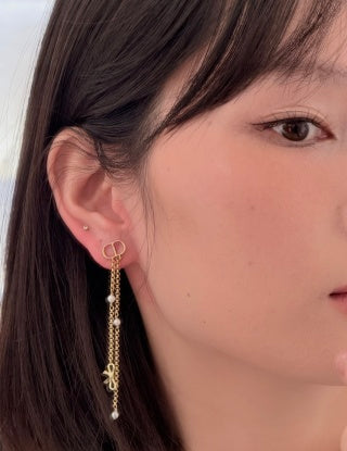 Dior Pearl Ribbon Chain Drop Stud Earrings