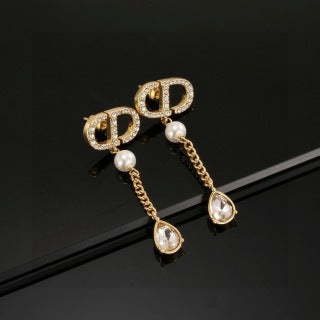 Dior CD Pearl Crystal Chain Drop Stud Earrings
