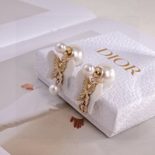 Dior Butterfly Pearl CD Drop Stud Earrings