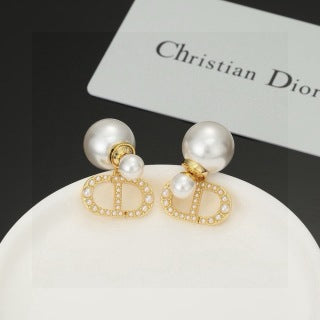 Dior Pearl CD Crystal Medallion Stud Earrings