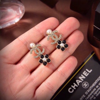 CHANEL Golden Pearl Blossom CC Drop Stud Earrings