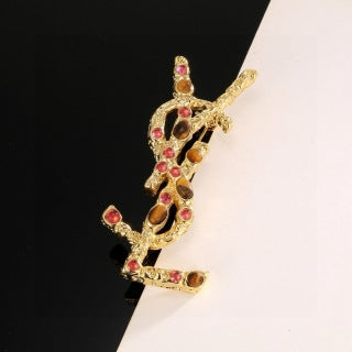 YSL Ruby Mosaic Monogram Brooch