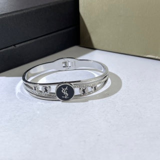 YSL Silver Emblem Crystal Cuff Bracelet