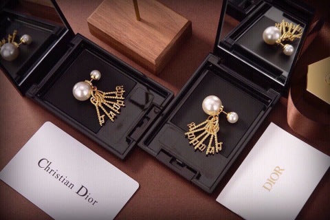 Dior Pearl Ribbon Logo Drop Stud Earrings