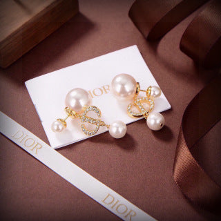 Dior Pearl Ribbon Crystal Stud Earrings