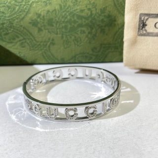 Gucci Interlocking G Letter Charm Engraved Cuff Bracelet