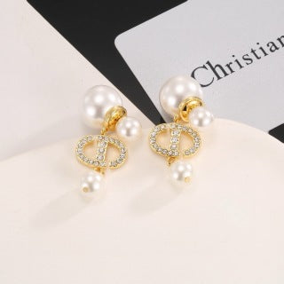 Dior Liora Pearl Crystal CD Drop Stud Earrings