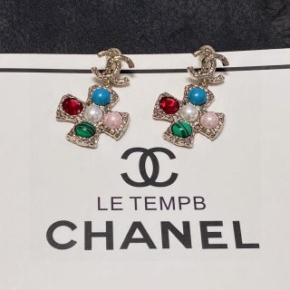 Chanel Jewel-Tone Cross Charm Drop Earrings