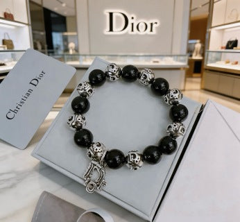 Dior Evelyne Obsidian Black Bead CD Charm Bracelet