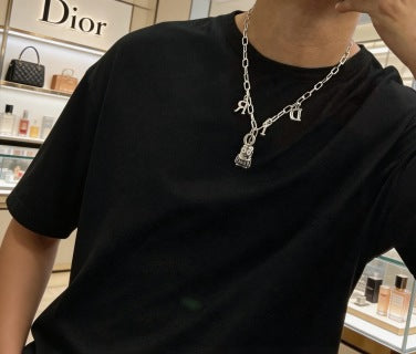 Dior Evelyne Silver CD Lock Charm Chain Necklace