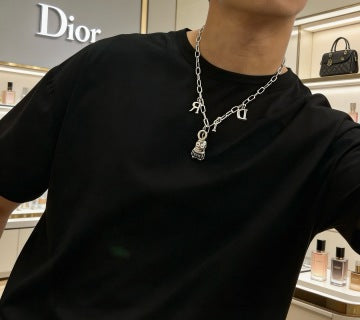 Dior Evelyne Silver CD Lock Charm Chain Necklace
