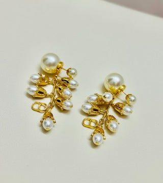 Dior Elara Pearl Blossom Tassel Drop Stud Earrings