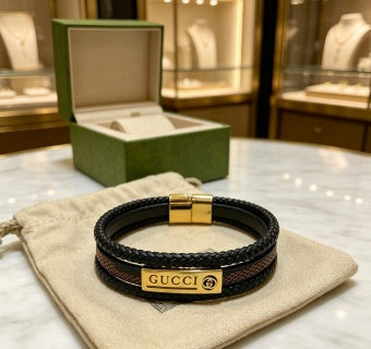 Gucci Double Layer Braided Leather Logo Bracelet
