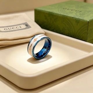 Gucci GG Blue Ceramic Silver Edge Band Ring