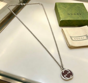 Gucci GG Oval Enamel Medallion Silver Necklace